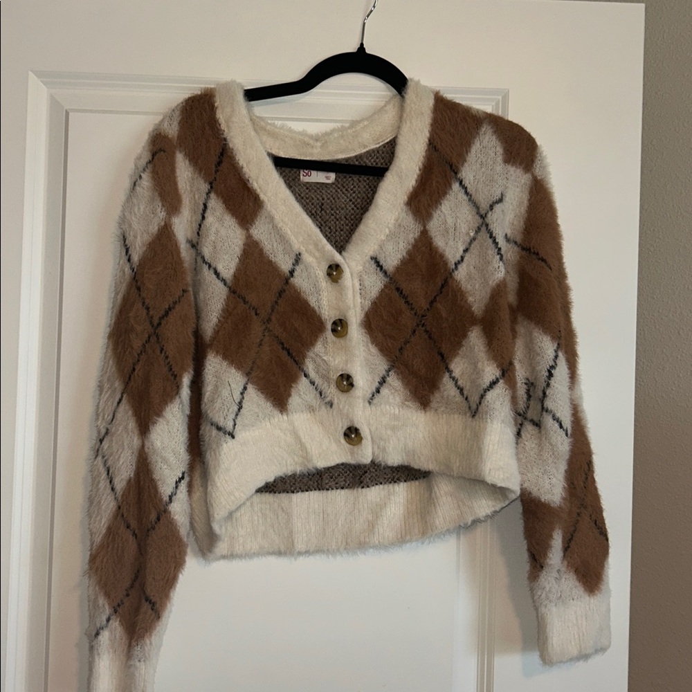 SO Women's V-Neck Sweater - Brown and Cream Argyle